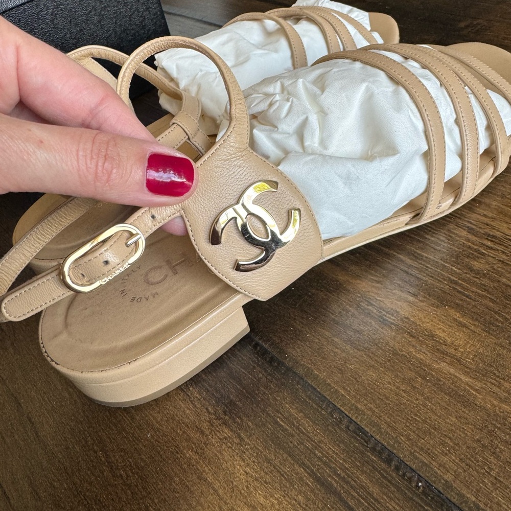 Chanel Beige Leather CC Strappy Sandals - Picture 12 of 16